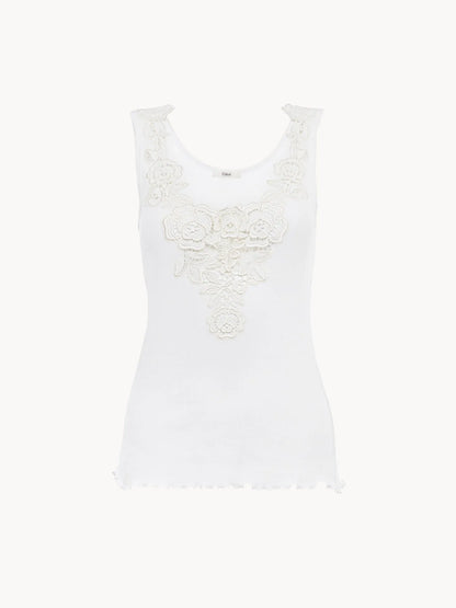 Fitted tank top in cotton jersey & guipure