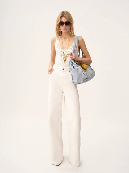 Fitted tank top in cotton jersey & guipure