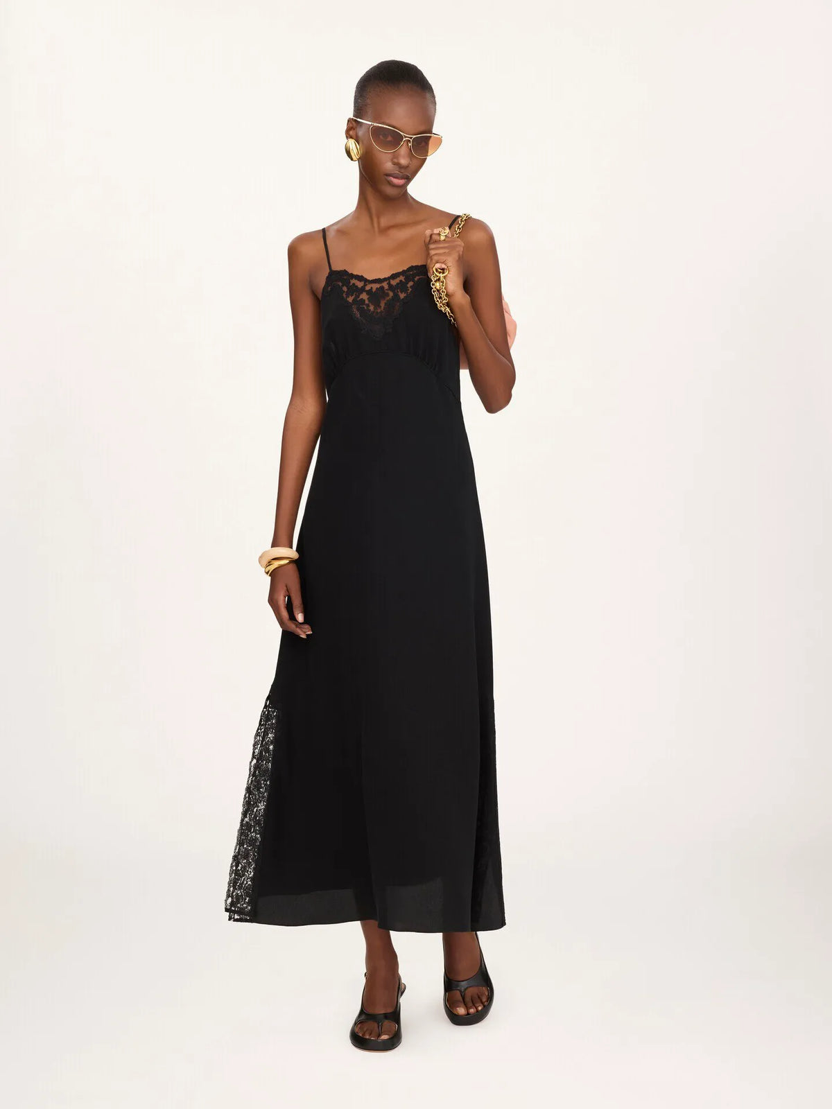 Long lingerie dress in crêpe de chine & lace