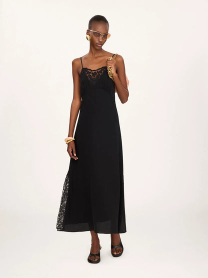 Long lingerie dress in crêpe de chine & lace