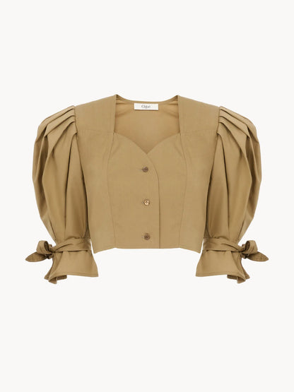 Puff-sleeve cropped top in cotton poplin