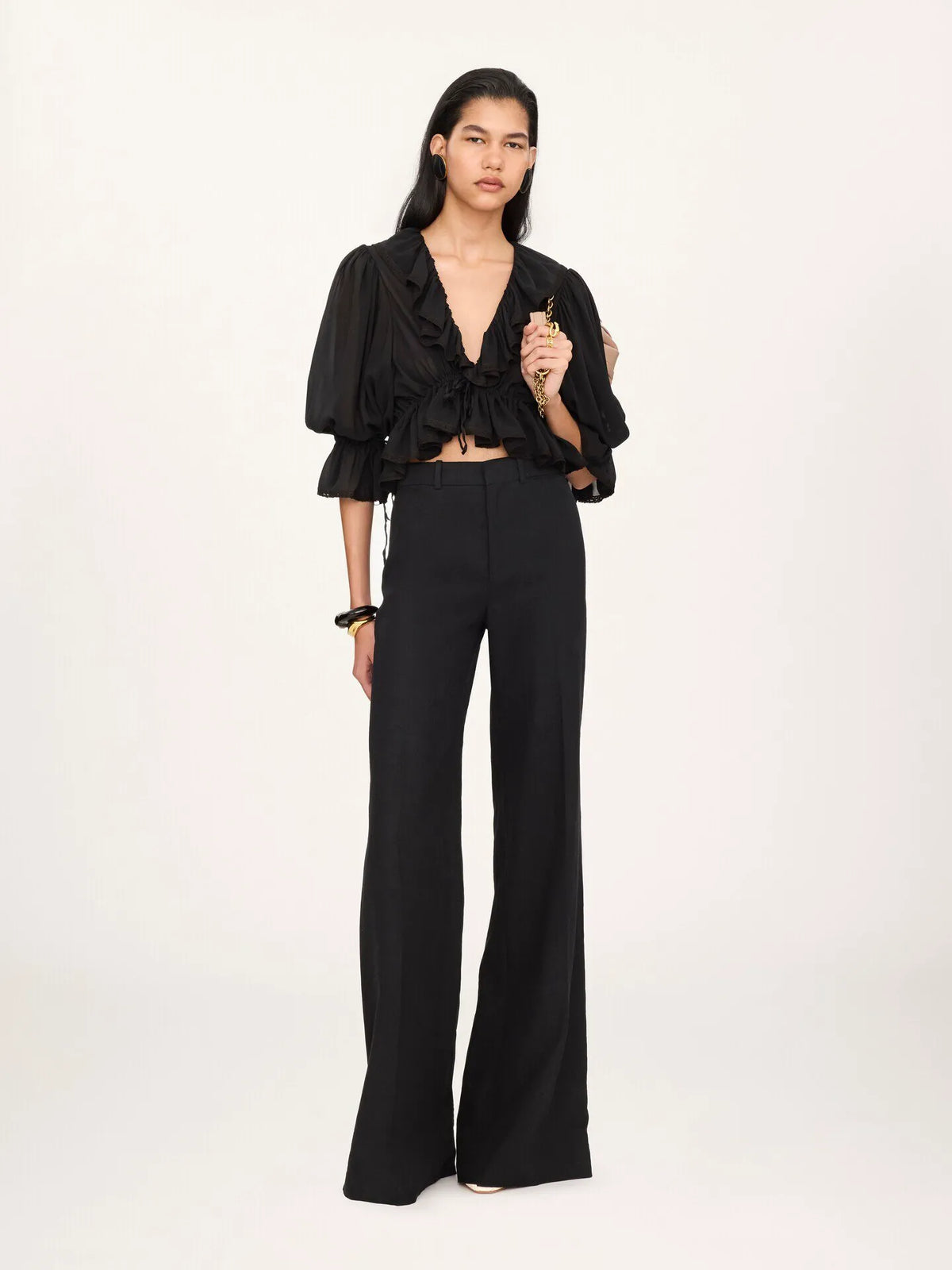 Cropped V-neck ruffle top in silk georgette & lace