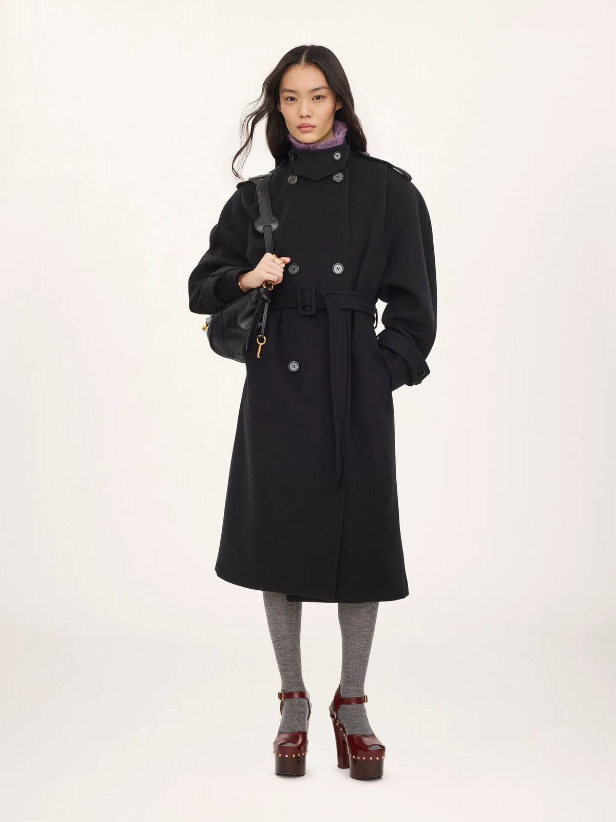 High-neck long coat in double-face wool
