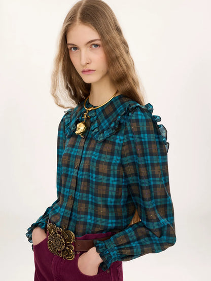 Ruffled lavallière blouse in check silk habotai