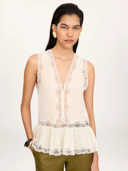 Sleeveless peplum top in crêpe de chine & lace