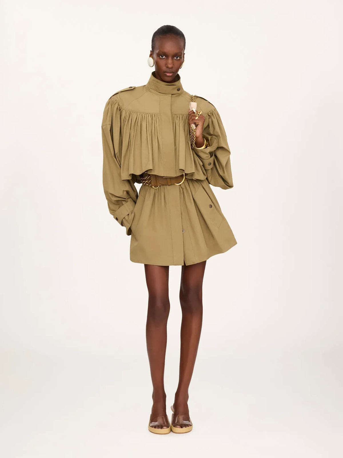 High-neck short trench coat in cotton poplin
