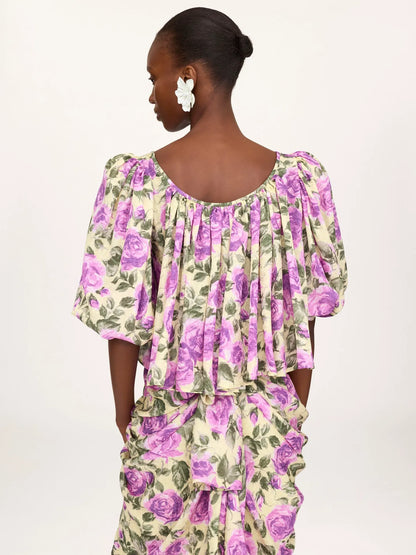 Puff-sleeve cropped top in silk jacquard
