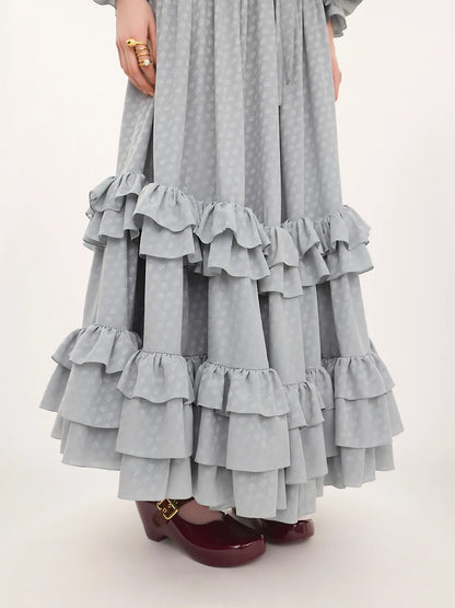 Cut-out long ruffled dress in silk jacquard