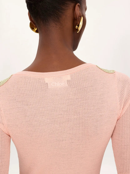 Elbow-sleeve fitted sweater in a wool knit & lace