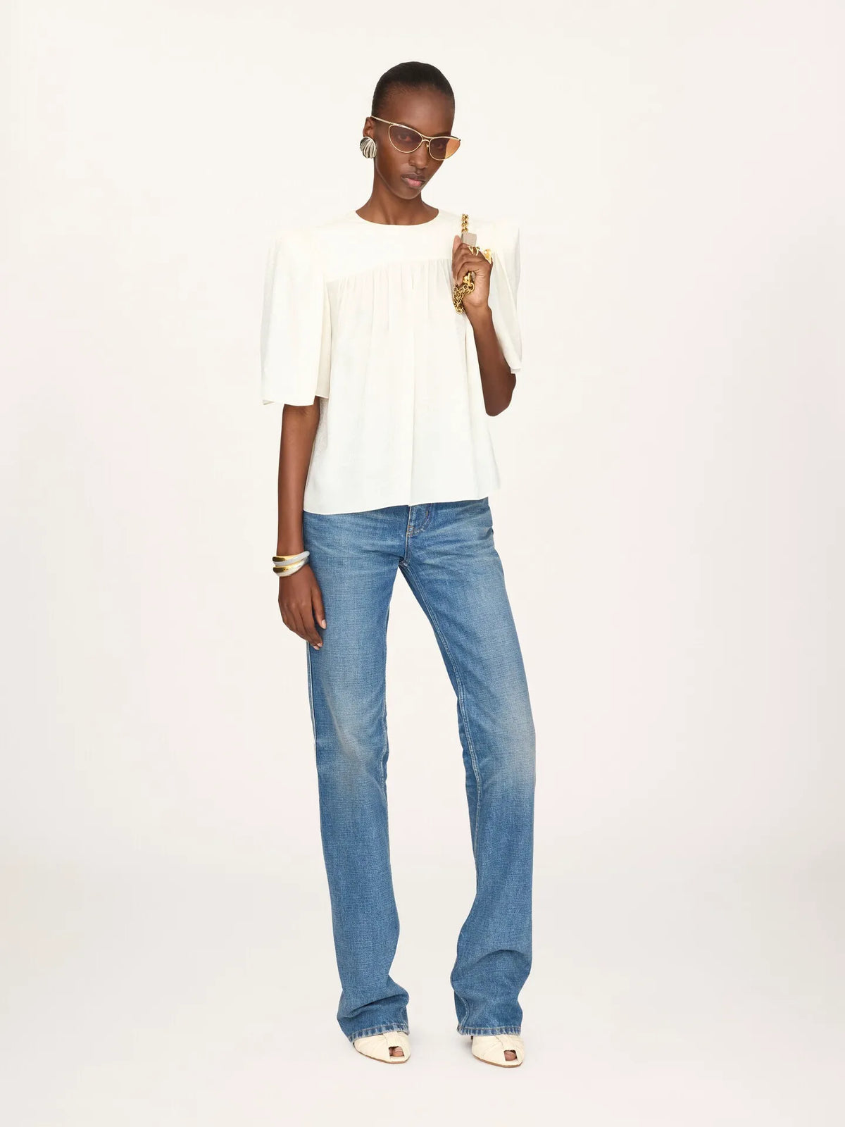 Crew-neck gathered top in silk jacquard