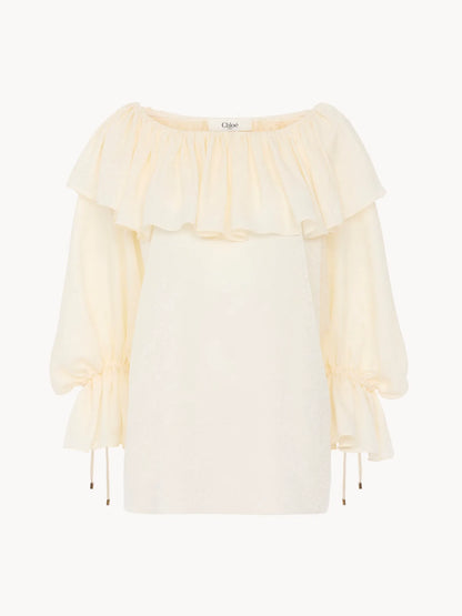 Fluid ruffle top in silk jacquard