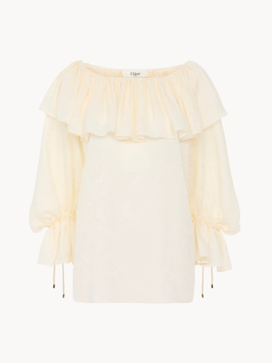 Fluid ruffle top in silk jacquard