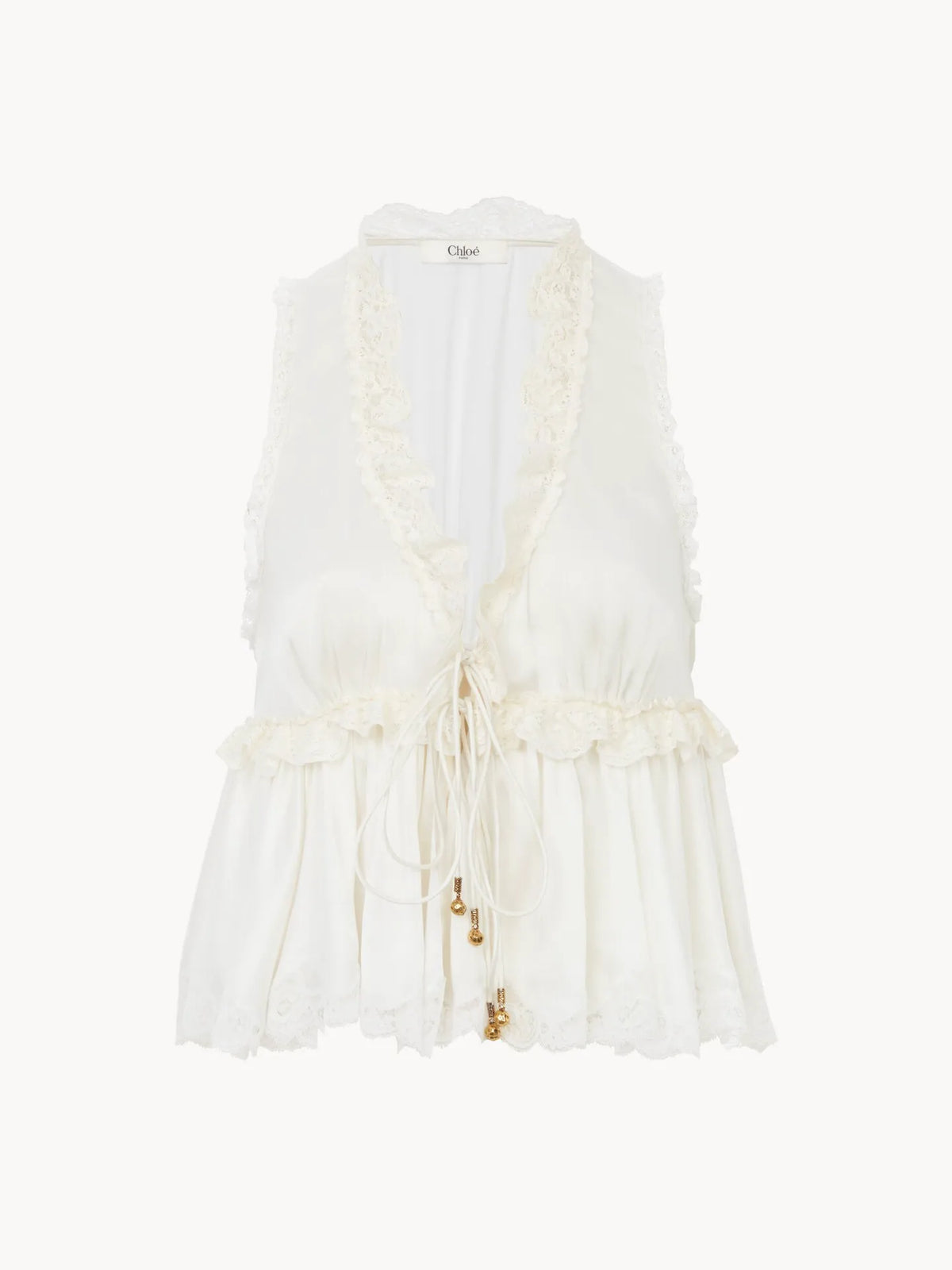 Tie-front sleeveless top in washed silk satin & lace