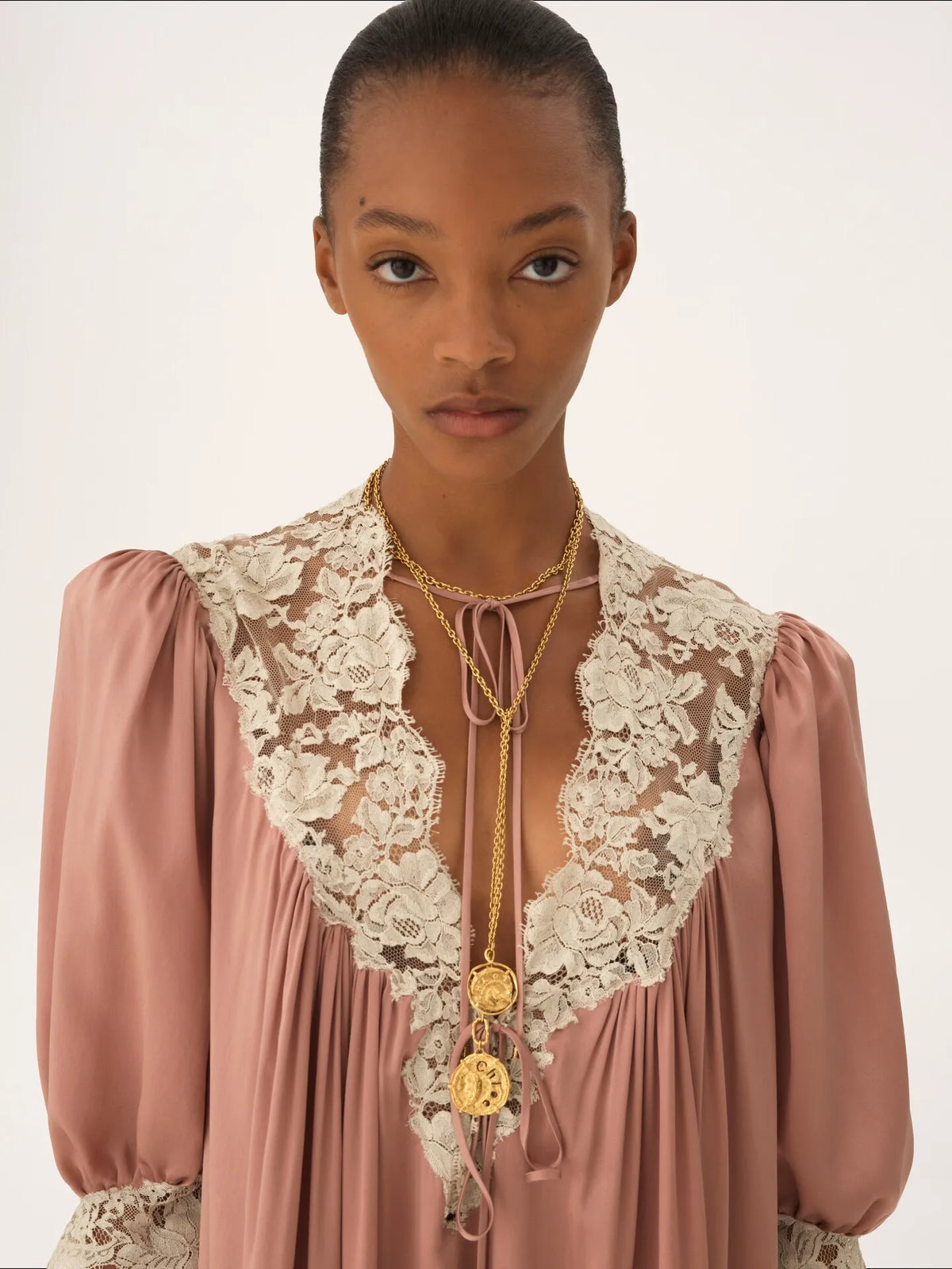 Gathered V-neck mini dress in washed silk satin & lace
