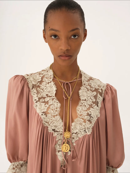 Gathered V-neck mini dress in washed silk satin & lace
