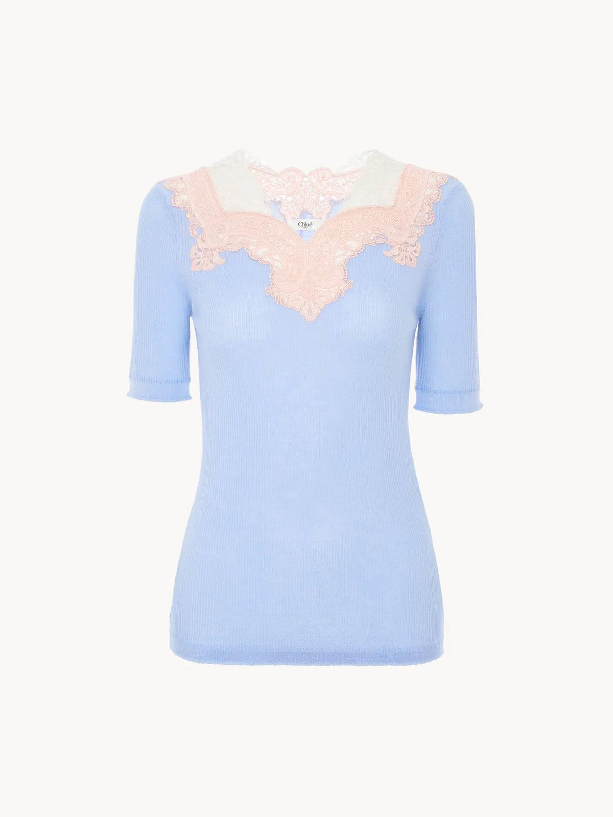 Elbow-sleeve fitted sweater in a wool knit & lace