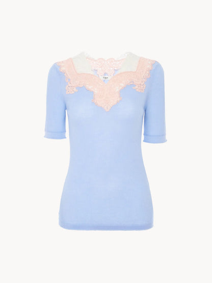Elbow-sleeve fitted sweater in a wool knit & lace