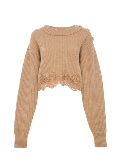 Cropped mock-neck sweater in a wool and cashmere knit & lace