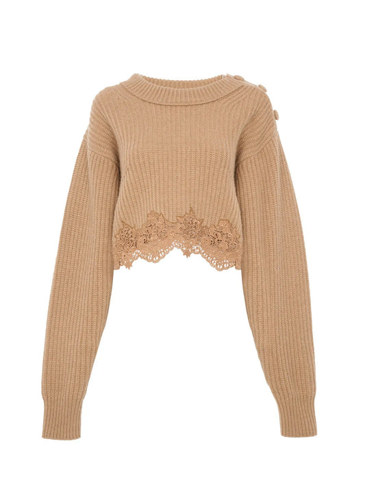 Cropped mock-neck sweater in a wool and cashmere knit & lace
