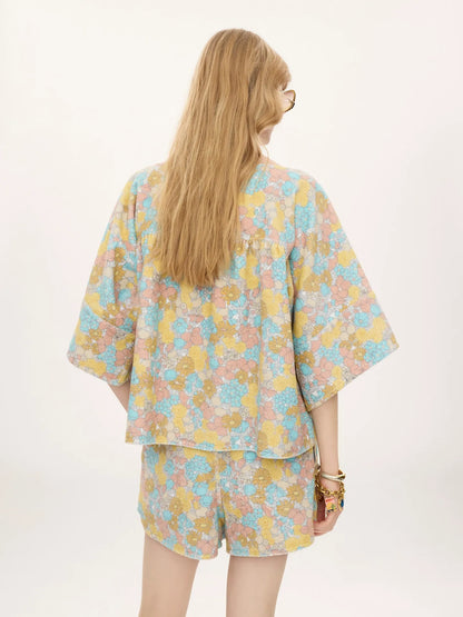 Short-sleeve top in cotton toweling