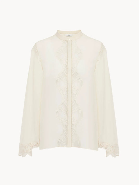 Fluid blouse in silk georgette & lace
