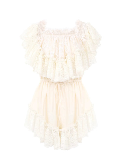 Off-the-shoulder mini jumpsuit in washed silk satin & lace
