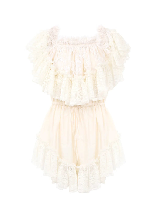 Off-the-shoulder mini jumpsuit in washed silk satin & lace