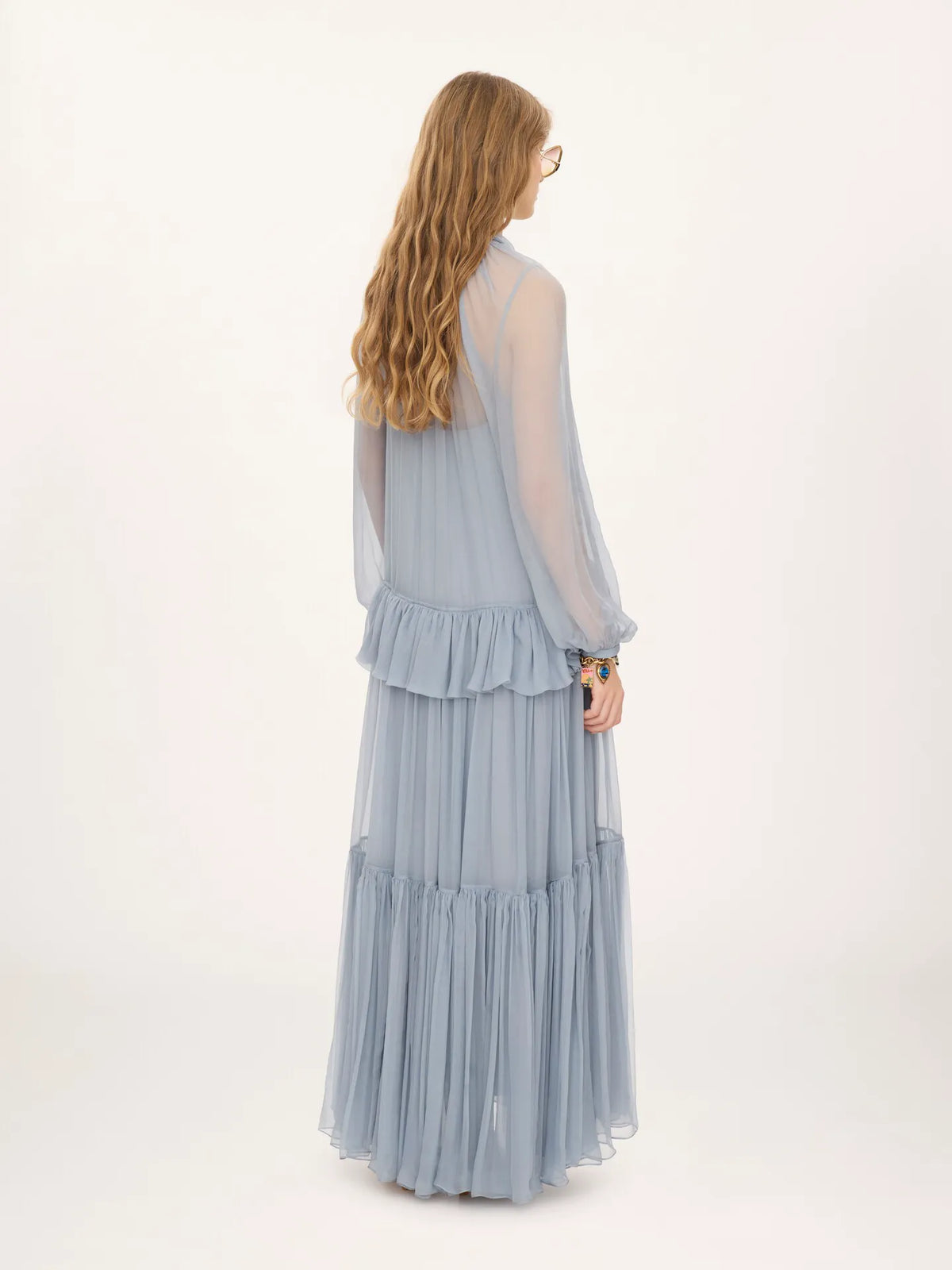 Fluid lavallière long dress in silk mousseline