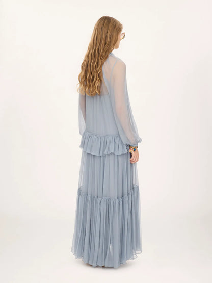 Fluid lavallière long dress in silk mousseline
