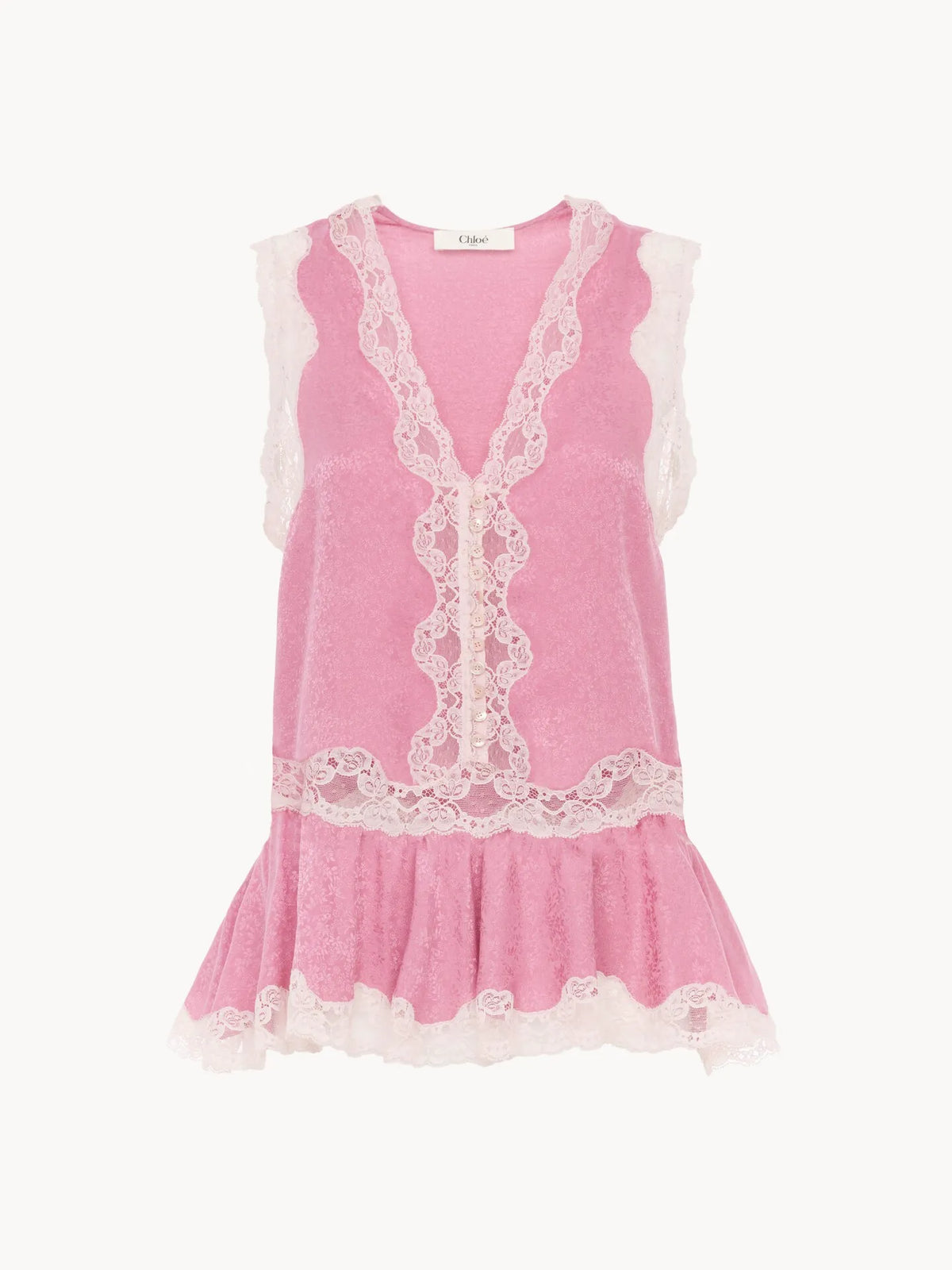 Sleeveless peplum top in silk jacquard & lace