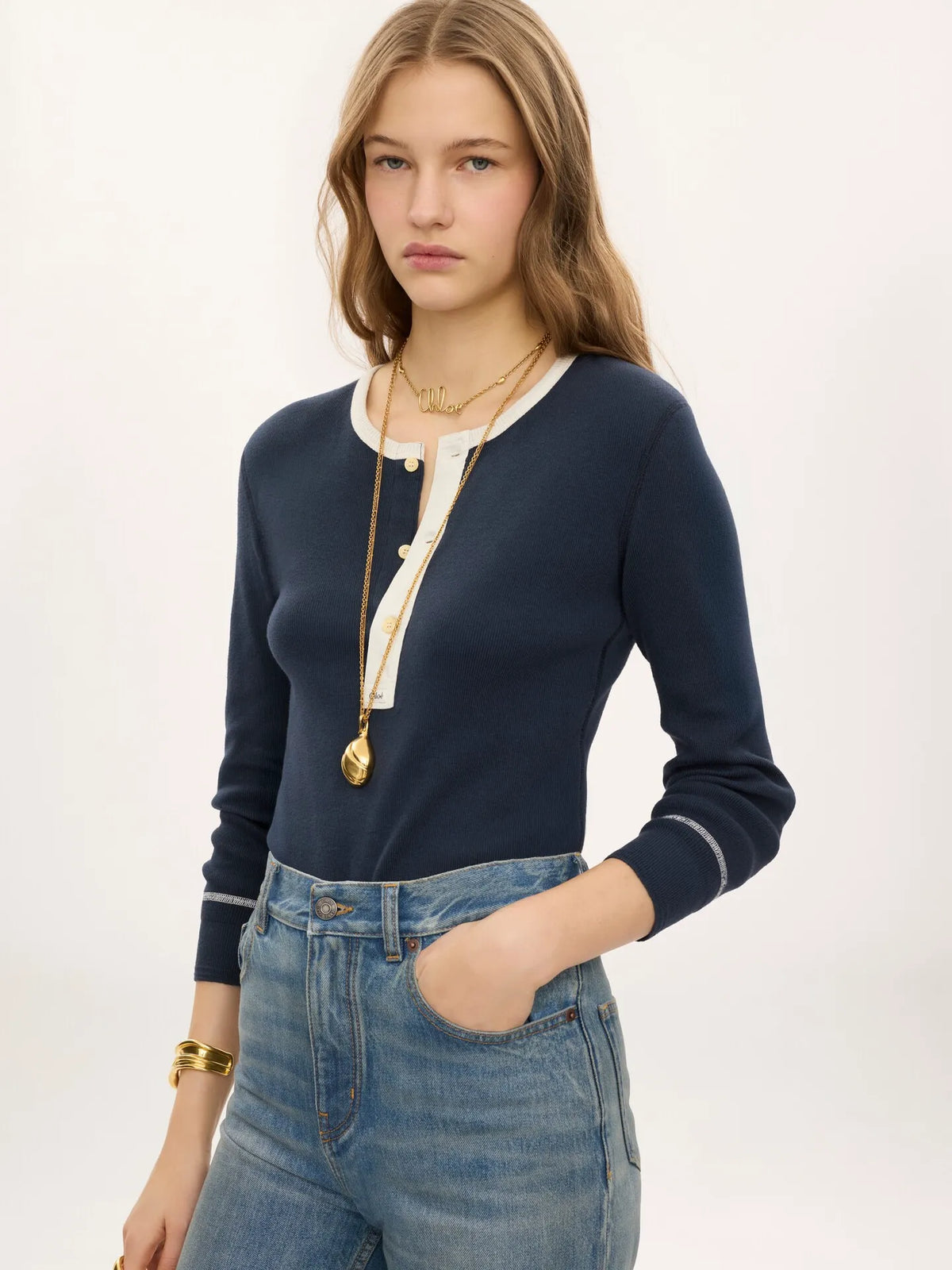 Fitted Henley shirt in cotton jersey
