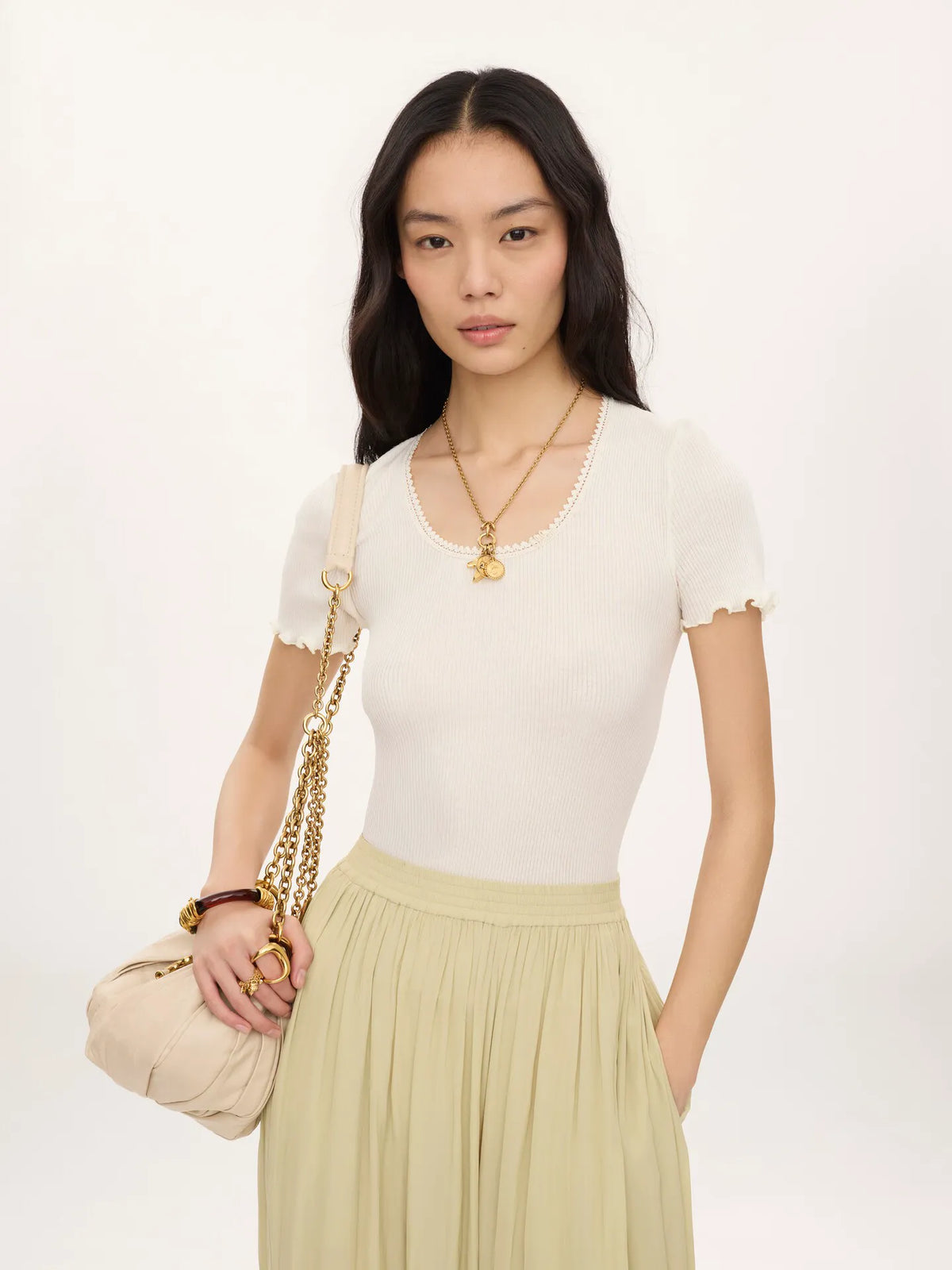 Scoop-neck fitted T-shirt in cotton & silk jersey