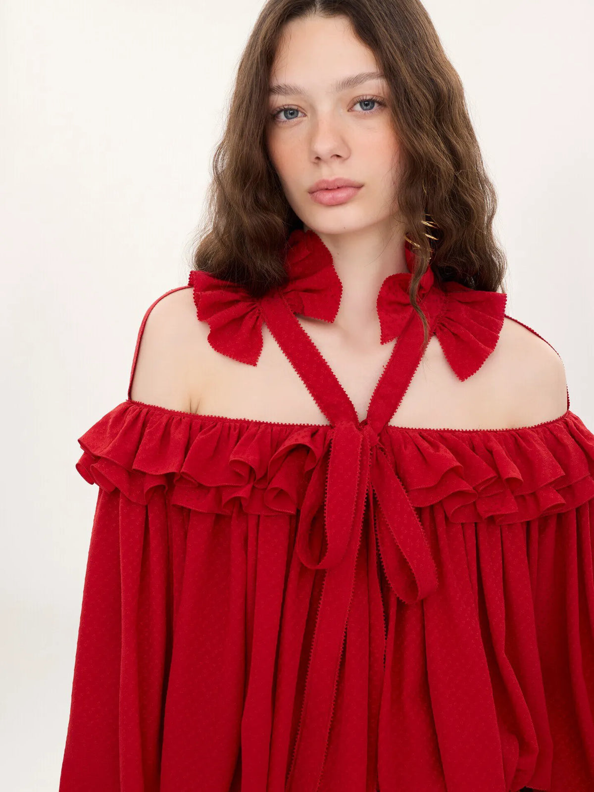 Cut-out ruffle top in silk jacquard