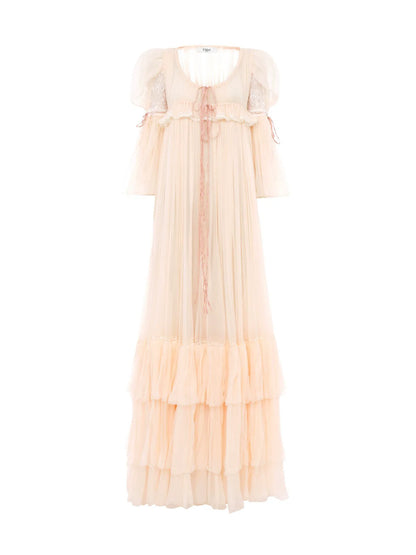 Oversized long ruffled dress in silk mousseline & lace