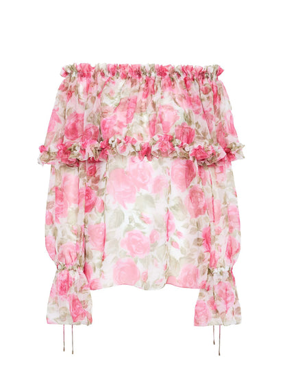 Off-the-shoulder puff-sleeve top in silk mousseline