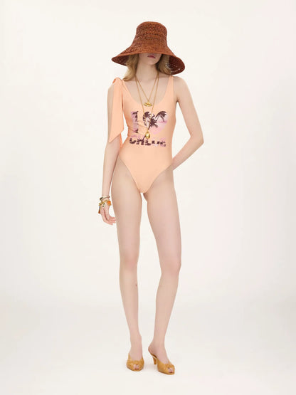 Knotted-strap one-piece logo swimsuit