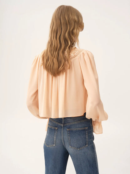 Scoop-neck cropped top in silk georgette & lace