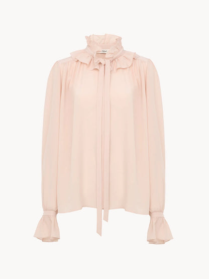 Tie-front ruffled blouse in crêpe de chine