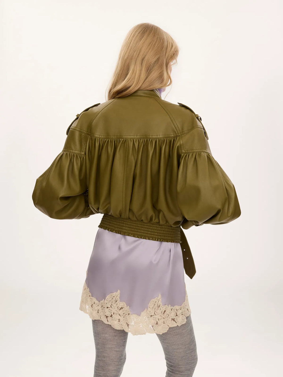 High-neck cropped jacket in leather