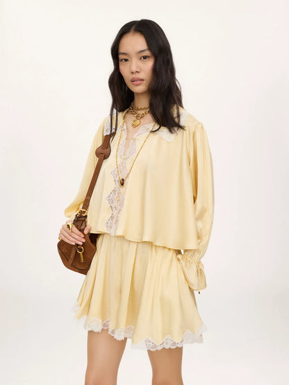 Fluid shorts in washed silk satin & lace