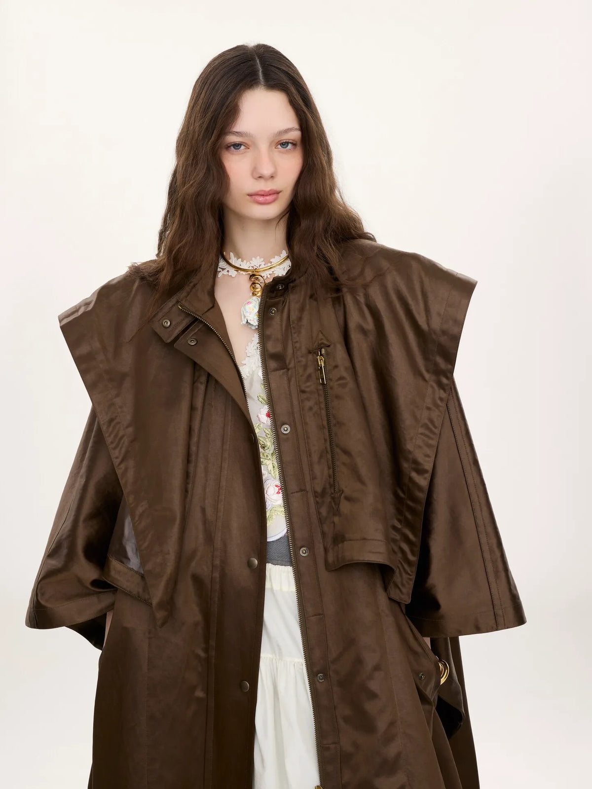 Hooded long cape coat in satin