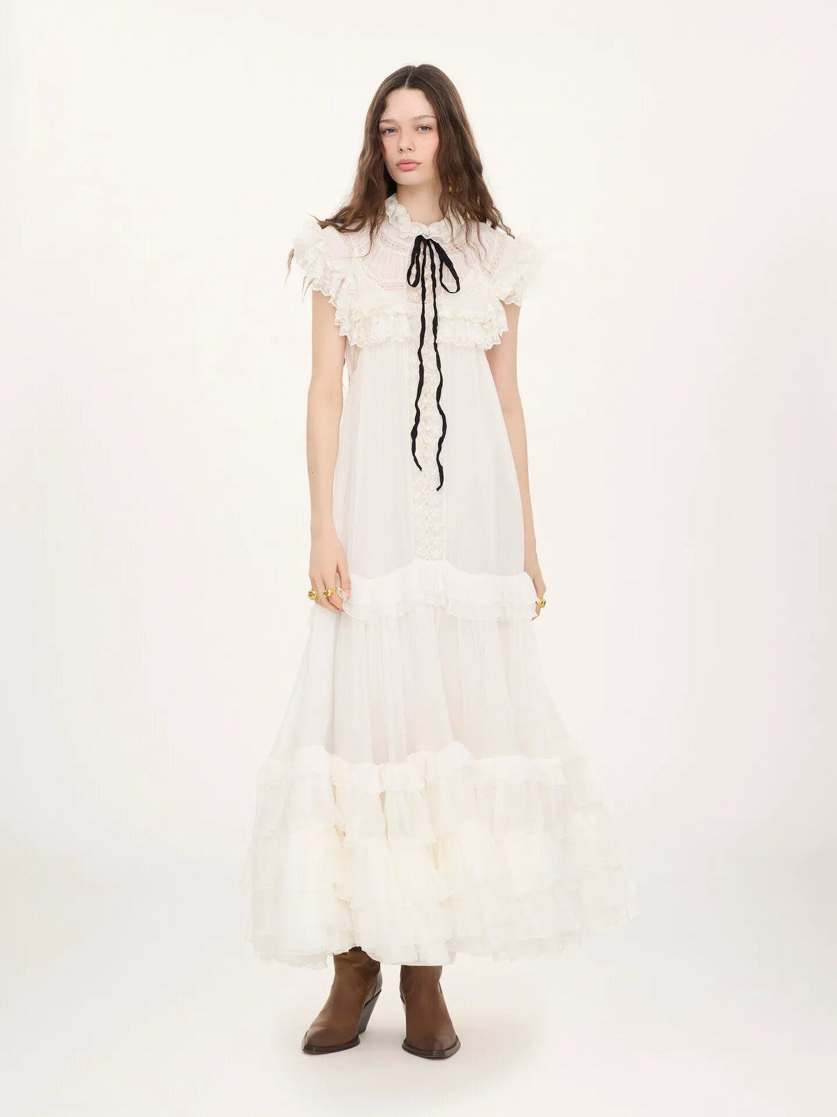 Tie-front ruffled long dress in silk mousseline & lace