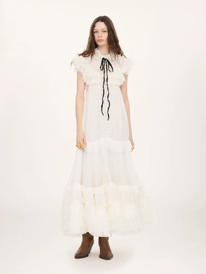 Tie-front ruffled long dress in silk mousseline & lace