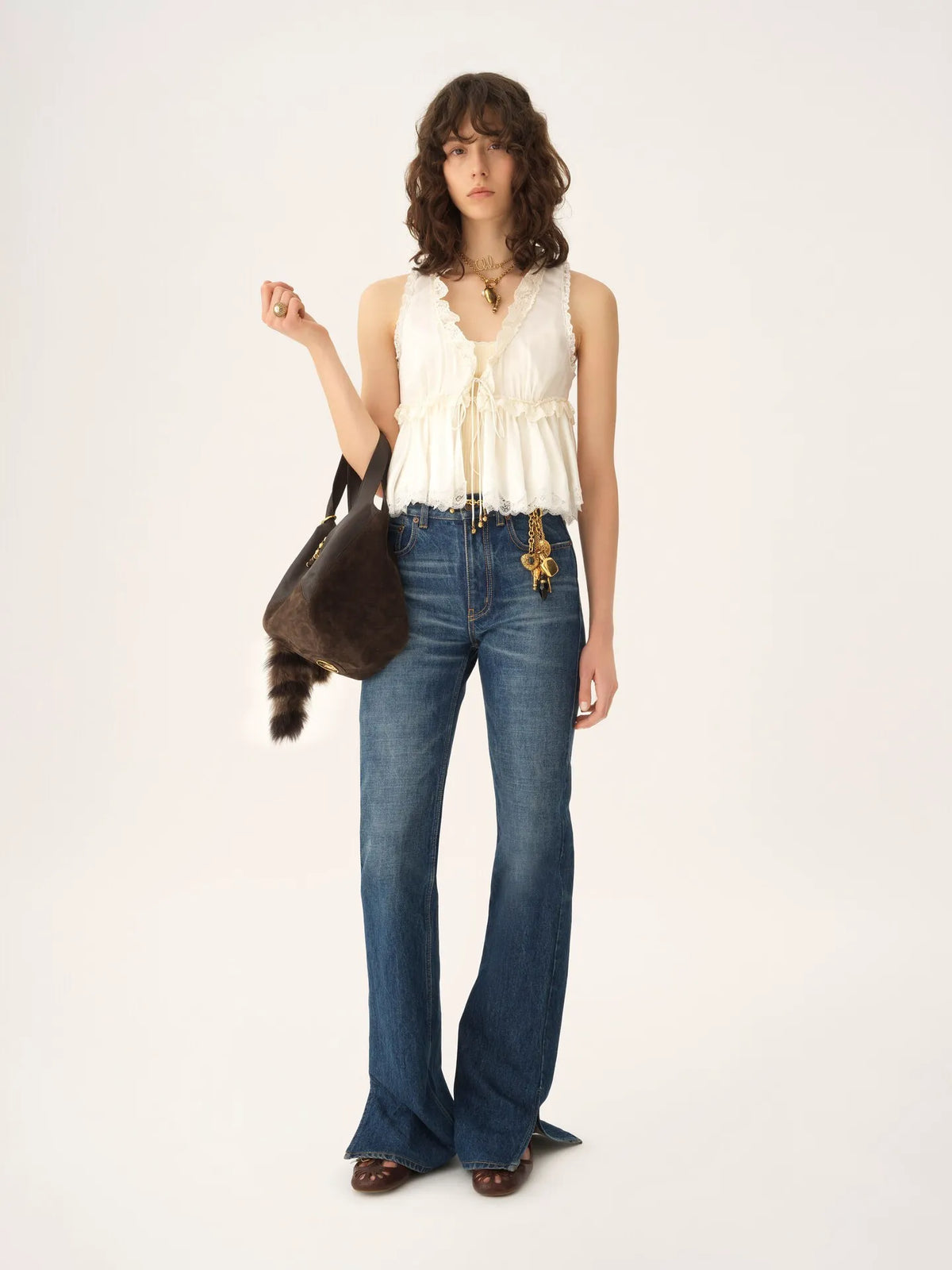 Tie-front sleeveless top in washed silk satin & lace