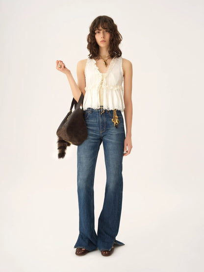 Tie-front sleeveless top in washed silk satin & lace
