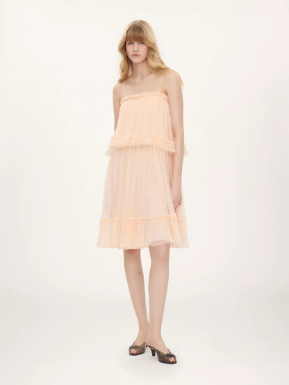 Thin-strap mini dress in silk mousseline