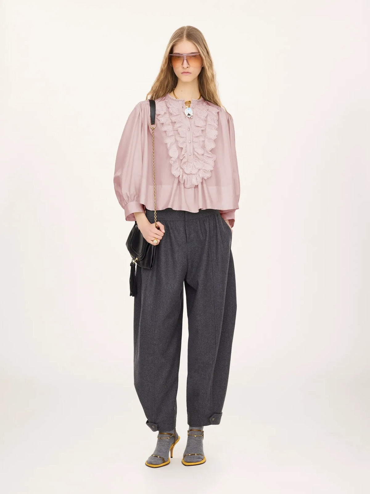 Gathered ruffle top in technical taffeta