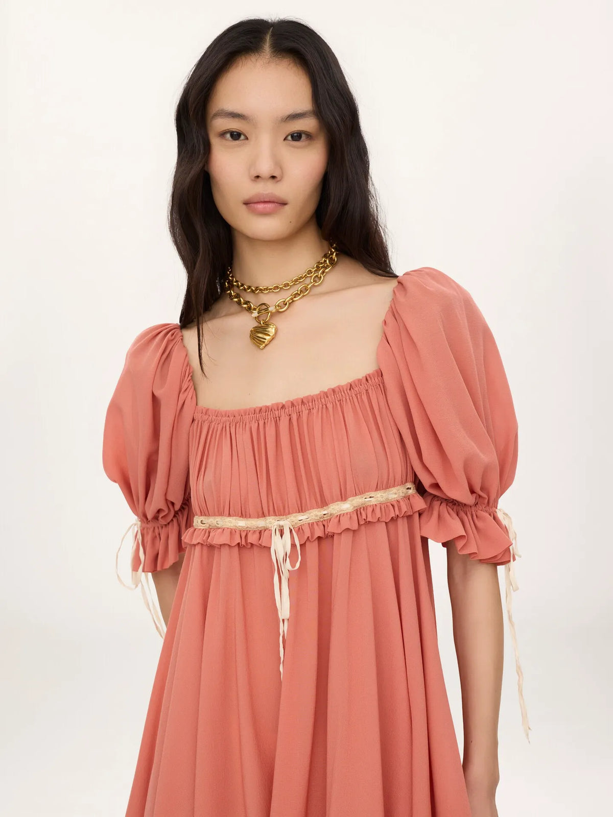 Puff-sleeve mini dress in silk georgette