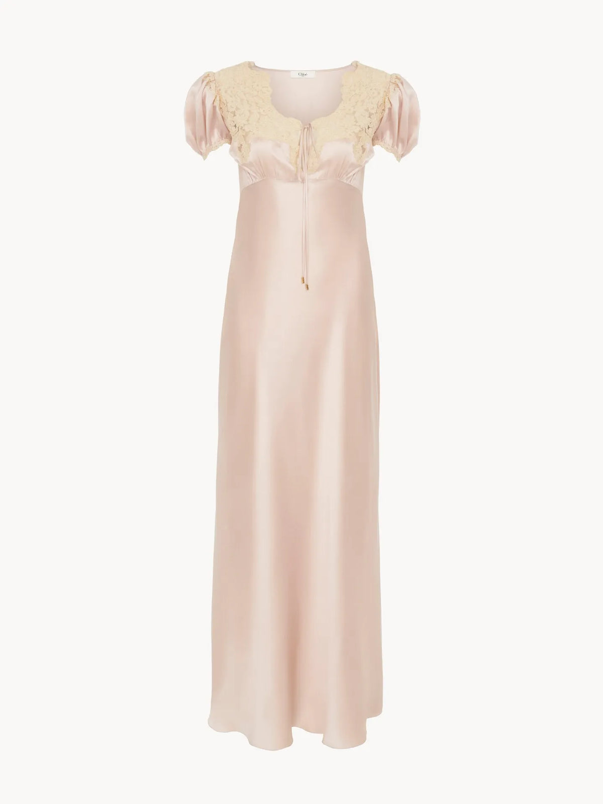 Puff-sleeve column dress in washed silk satin & lace