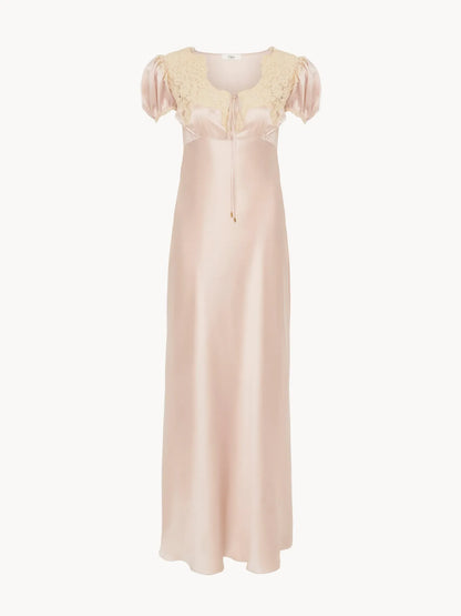 Puff-sleeve column dress in washed silk satin & lace